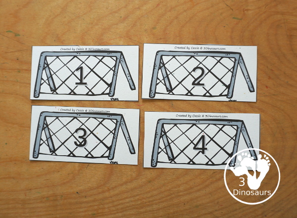 Free Soccer Number Sense Sorting with Numbers 1 to 10 - soccer nets with numbers and soccer balls with tally marks, dominos, ten frames, and dice for sorting. A great kindergarten number printable  - 3Dinosaurs.com