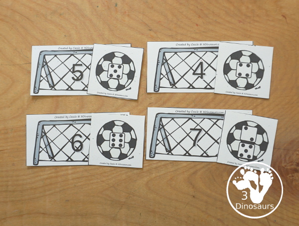 Free Soccer Number Sense Sorting with Numbers 1 to 10 - soccer nets with numbers and soccer balls with tally marks, dominos, ten frames, and dice for sorting. A great kindergarten number printable  - 3Dinosaurs.com