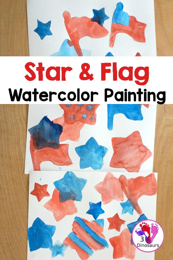 Stars & Flag Watercolor Painting with Cookie Cutters - a simple painting activity that you can do with kids with red and blue colors painting inside stars and flags.- 3Dinosaurs.com