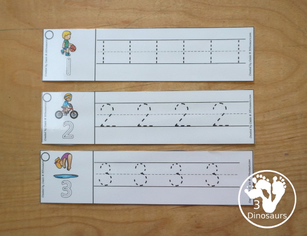 Free Summer Sports Number Tracing Strips - with numbers 0 to 20. You can tracing the numbers and an example of how to trace the numbers on the strips, plus a different summer sport on each tracing strip. - 3Dinosaurs.com