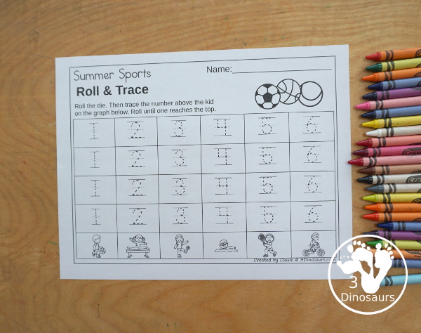 Summer Sports Roll & Graph With Trace Letters, Numbers & Shapes with a folding die and cube die with a graphing sheet, graphing with tracing numbers, graphing with tracing letters and graphing with tracing shapes. All with a fun summer sports theme for summer and the Olympics for prek and kindergarten - 3Dinosaurs.com