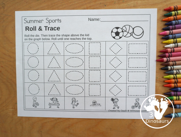 Summer Sports Roll & Graph With Trace Letters, Numbers & Shapes with a folding die and cube die with a graphing sheet, graphing with tracing numbers, graphing with tracing letters and graphing with tracing shapes. All with a fun summer sports theme for summer and the Olympics for prek and kindergarten - 3Dinosaurs.com