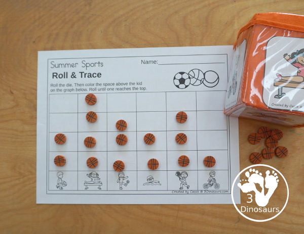 Summer Sports Roll & Graph With Trace Letters, Numbers & Shapes with a folding die and cube die with a graphing sheet, graphing with tracing numbers, graphing with tracing letters and graphing with tracing shapes. All with a fun summer sports theme for summer and the Olympics for prek and kindergarten - 3Dinosaurs.com