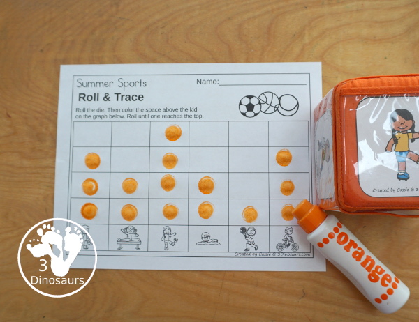 Summer Sports Roll & Graph With Trace Letters, Numbers & Shapes with a folding die and cube die with a graphing sheet, graphing with tracing numbers, graphing with tracing letters and graphing with tracing shapes. All with a fun summer sports theme for summer and the Olympics for prek and kindergarten - 3Dinosaurs.com