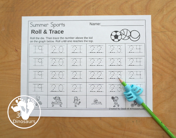 Summer Sports Roll & Graph With Trace Letters, Numbers & Shapes with a folding die and cube die with a graphing sheet, graphing with tracing numbers, graphing with tracing letters and graphing with tracing shapes. All with a fun summer sports theme for summer and the Olympics for prek and kindergarten - 3Dinosaurs.com