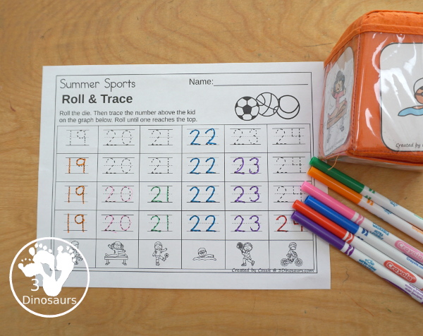 Summer Sports Roll & Graph With Trace Letters, Numbers & Shapes with a folding die and cube die with a graphing sheet, graphing with tracing numbers, graphing with tracing letters and graphing with tracing shapes. All with a fun summer sports theme for summer and the Olympics for prek and kindergarten - 3Dinosaurs.com