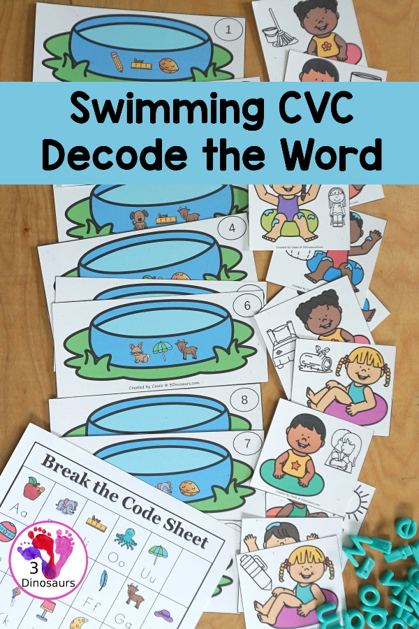 Free Swimming CVC Decode the Word Printable - with swimming pools and matching kids to the correct swimming pool and decoding the CVC word. - 3Dinosaurs.com