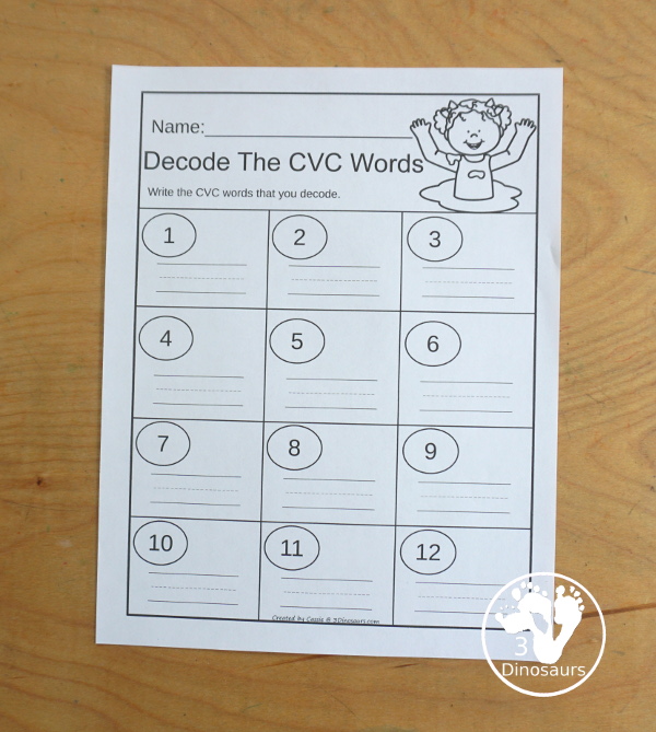 Free Swimming CVC Decode the Word Printable – 3 Dinosaurs