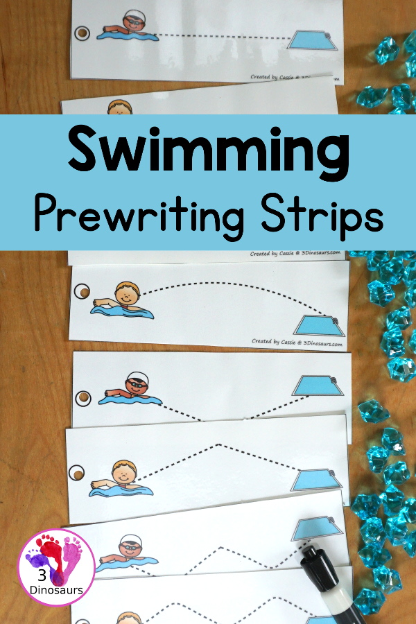 Free Swimming Prewriting Strips - has 8 different prewriting lines with a swimming them for summer and summer sports. The have fine dashed lines for kids to trace. - 3Dinosaurs.com