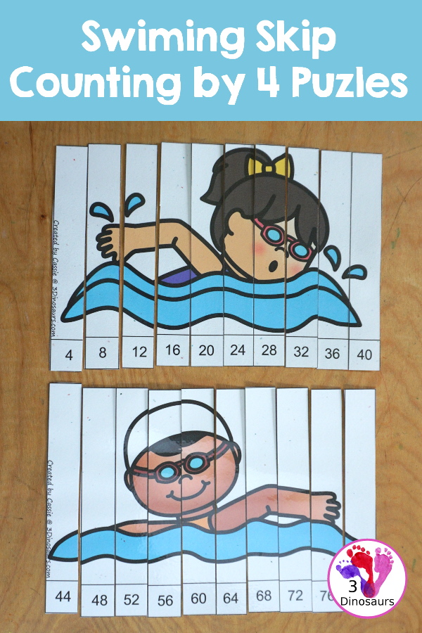 Free Swimming Skip Counting by 4 Puzzles - two puzzles with skip counting by with 4 to 40 and 44 to 80 - Each puzzle skip counts by 4 ten times. - 3Dinosaurs.com