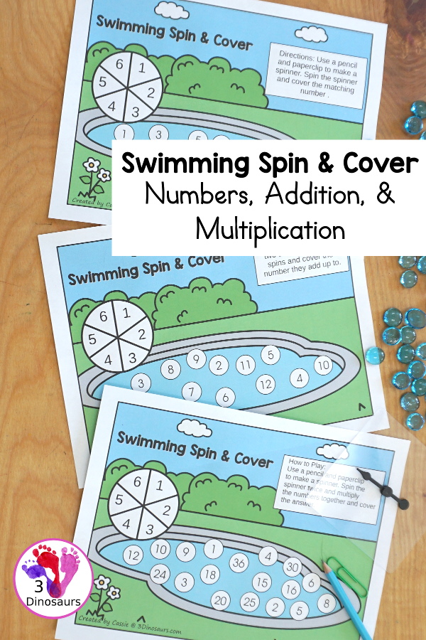 Free Swimming Spin & Cover: Counting, Addition & Multiplication - three fun worksheets in color and black and white to work on counting and numbers 1 to 6, adding with numbers 1 to 6, and multiplication with numbers 1 to 6 - 3Dinosaurs.com