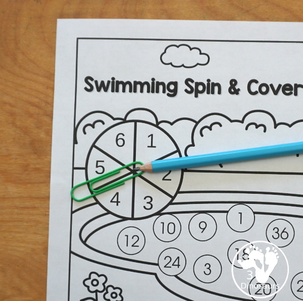 Free Swimming Spin & Cover: Counting, Addition & Multiplication - using a pencil and paperclip to make the spinner - 3Dinosaurs.com