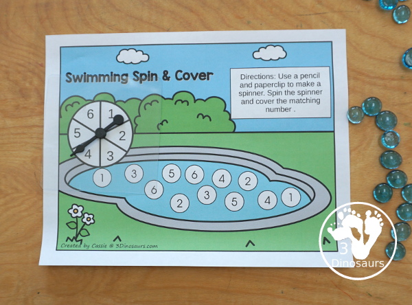 Free Swimming Spin & Cover: Counting, Addition & Multiplication - using a pencil and paperclip to make the spinner - 3Dinosaurs.com