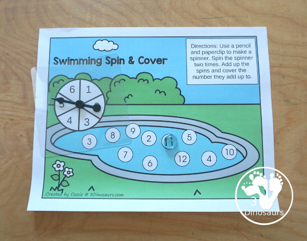 Free Swimming Spin & Cover: Counting, Addition & Multiplication - using a pencil and paperclip to make the spinner - 3Dinosaurs.com