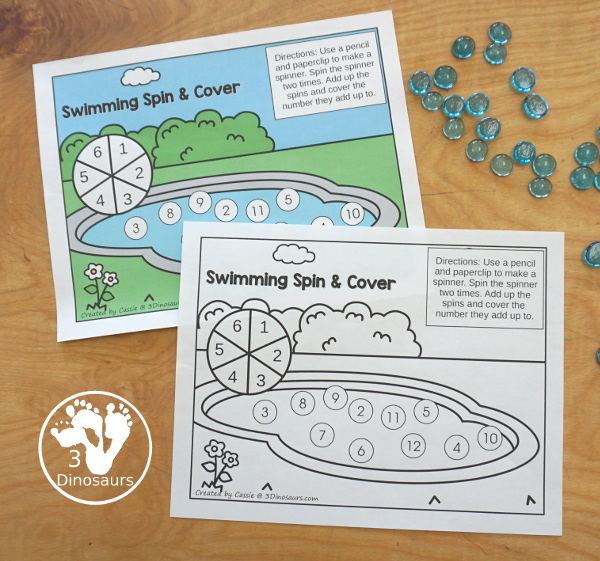 Free Swimming Spin & Cover: Addition - addition with numbers 1 to 6 and all the answers for those numbers on the swimming pool - 
the addition printable comes in color and black and white - 3Dinosaurs.com