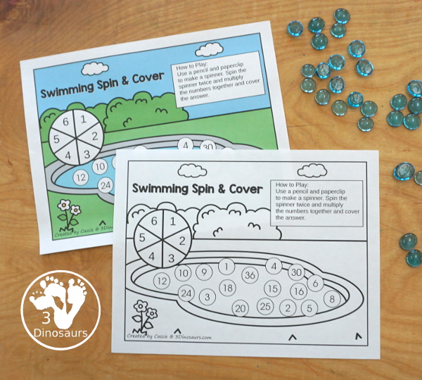 Free Swimming Spin & Cover:  Multiplication - multiplication with numbers 1 to 6 and all the answers for those numbers on the swimming pool - the multiplication printable comes in color and black and white -3Dinosaurs.com