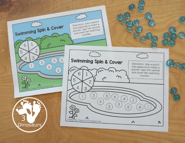 Free Swimming Spin & Cover: Counting or Numbers -  number with numbers 1 to 6 and same numbers on the swimming pool - the number printable comes in color and black and white - 3Dinosaurs.com