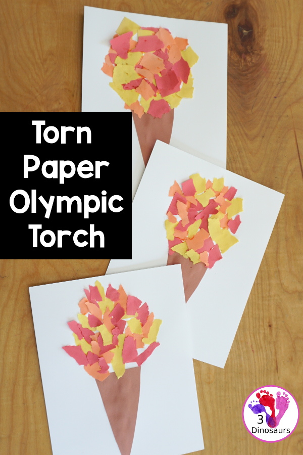 Torn Paper Olympic Torch Craft that kid can do for the Olympics. And it is fun to see fun torn paper torches that they can make. It can be been done with kids of many ages. - 3Dionsaurs.com