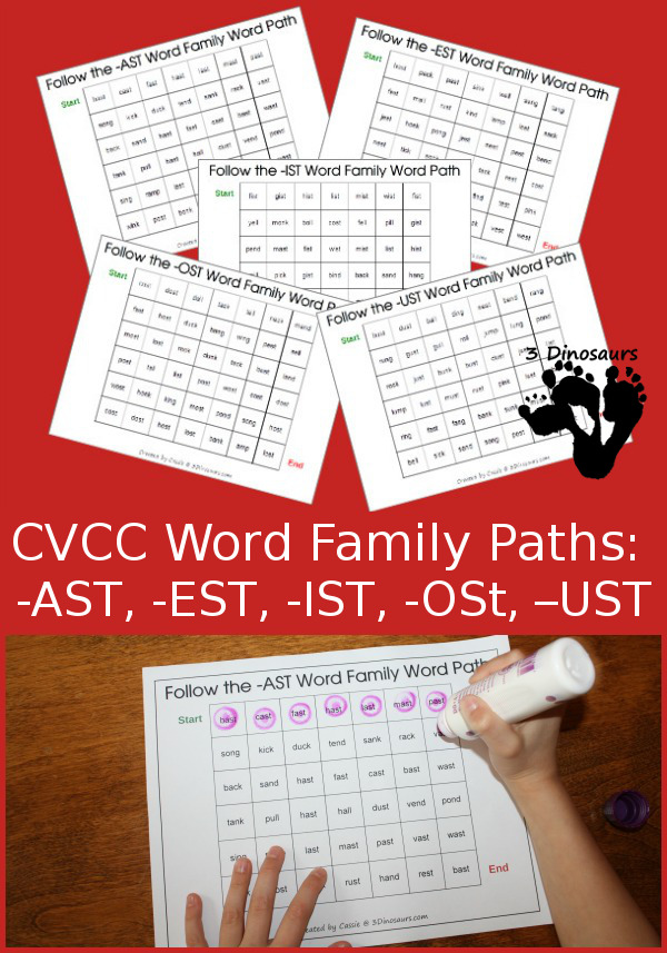 Free CVCC Word Family Word Path: -AST, -EST, -IST, -OST, -UST - 3Dinosaurs.com