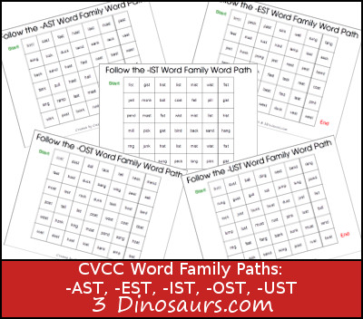 Free CVCC Word Family Word Fmaily Paths: -AST, -EST, -IST, -OST, -UST - 3Dinosaurs.com