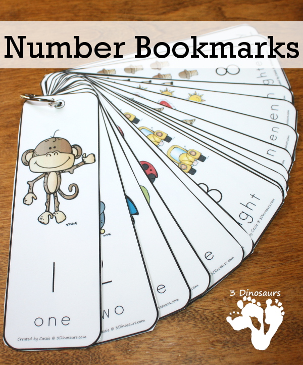 Free Number Bookmarks - Numbers 1 to 20 - 3Dinosaurs.com