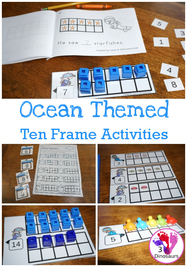 Ocean Themed Ten Frame Printables: No-Prep & Hands-On - 81 pages of printables working on ten frame activities for numbers 1 to 20 with hands on and no-prep: cards, worksheets and easy reader books. - 3Dinosaurs.com