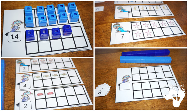 Ocean Themed Ten Frame Printables: No-Prep & Hands-On - 81 pages of printables working on ten frame activities for numbers 1 to 20 with hands on and no-prep: cards, worksheets and easy reader books. - 3Dinosaurs.com