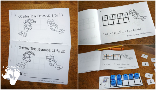 Ocean Themed Ten Frame Printables: No-Prep & Hands-On - 81 pages of printables working on ten frame activities for numbers 1 to 20 with hands on and no-prep: cards, worksheets and easy reader books. - 3Dinosaurs.com