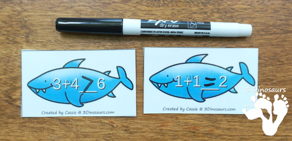 Free Shark Themed Greater Than - Less Than Sorting - with math sharks and recording sheet with 4 levels of sharks: numbers, addition, double digits and multiplication - 3Dinosaurs.com