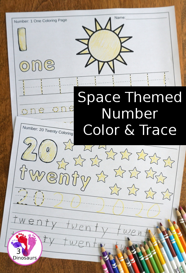 Space Themed Number Color and Trace - easy no-prep printables with a fun space theme 44 pages with two options for the numbers tracing or writing - 3Dinosaurs.com