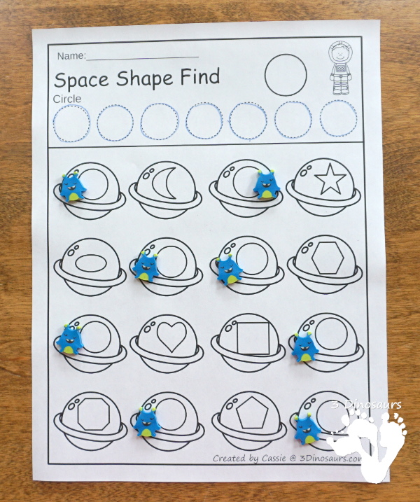 Space themed shape find - with 12 shapes you can trace and find - easy to use no-prep printable $ - 3Dinosaurs.com