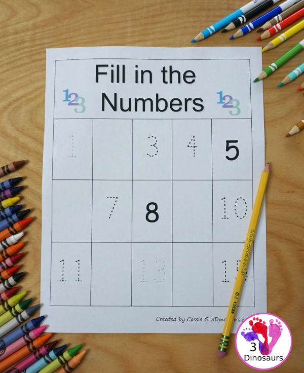 Free Fill in the Missing Number Charts 1 to 15 - with 9 different charts with a mix of tracing and write numbers from 1 to 15. - 3Dinosaurs.com