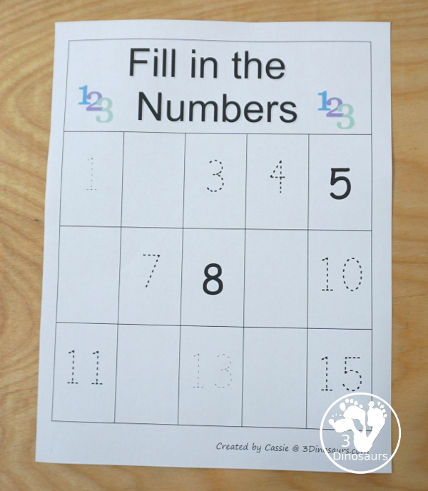 Free Fill in the Missing Number Charts 1 to 15 - with 9 different charts with a mix of tracing and write numbers from 1 to 15. - 3Dinosaurs.com