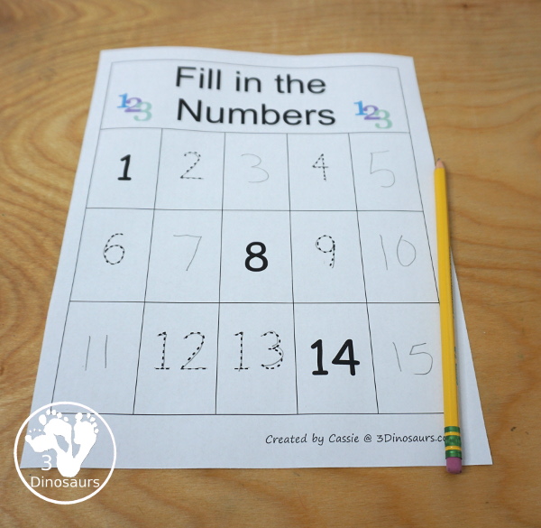 Free Fill in the Missing Number Charts 1 to 15 - with 9 different charts with a mix of tracing and write numbers from 1 to 15. - 3Dinosaurs.com