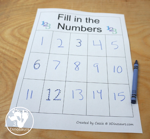 Free Fill in the Missing Number Charts 1 to 15 - with 9 different charts with a mix of tracing and write numbers from 1 to 15. - 3Dinosaurs.com