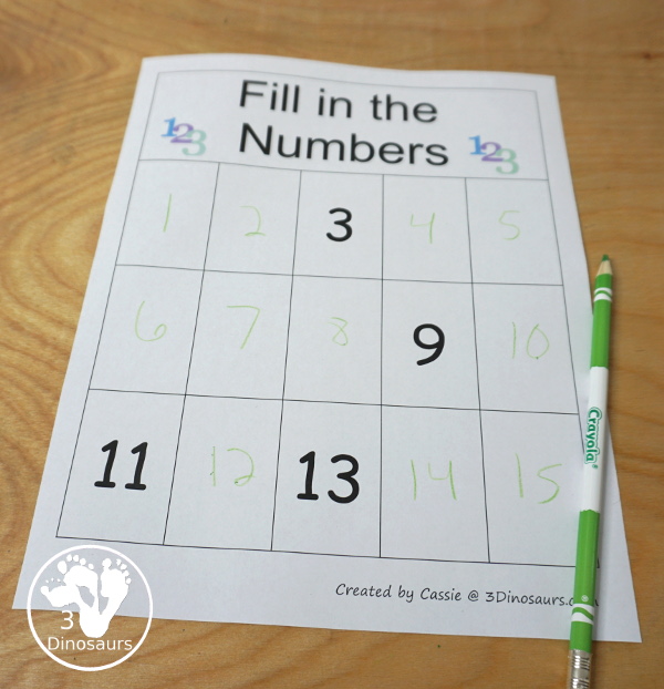 Free Fill in the Missing Number Charts 1 to 15 - with 9 different charts with a mix of tracing and write numbers from 1 to 15. - 3Dinosaurs.com