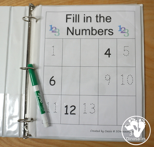 Free Fill in the Missing Number Charts 1 to 15 - with 9 different charts with a mix of tracing and write numbers from 1 to 15. - 3Dinosaurs.com