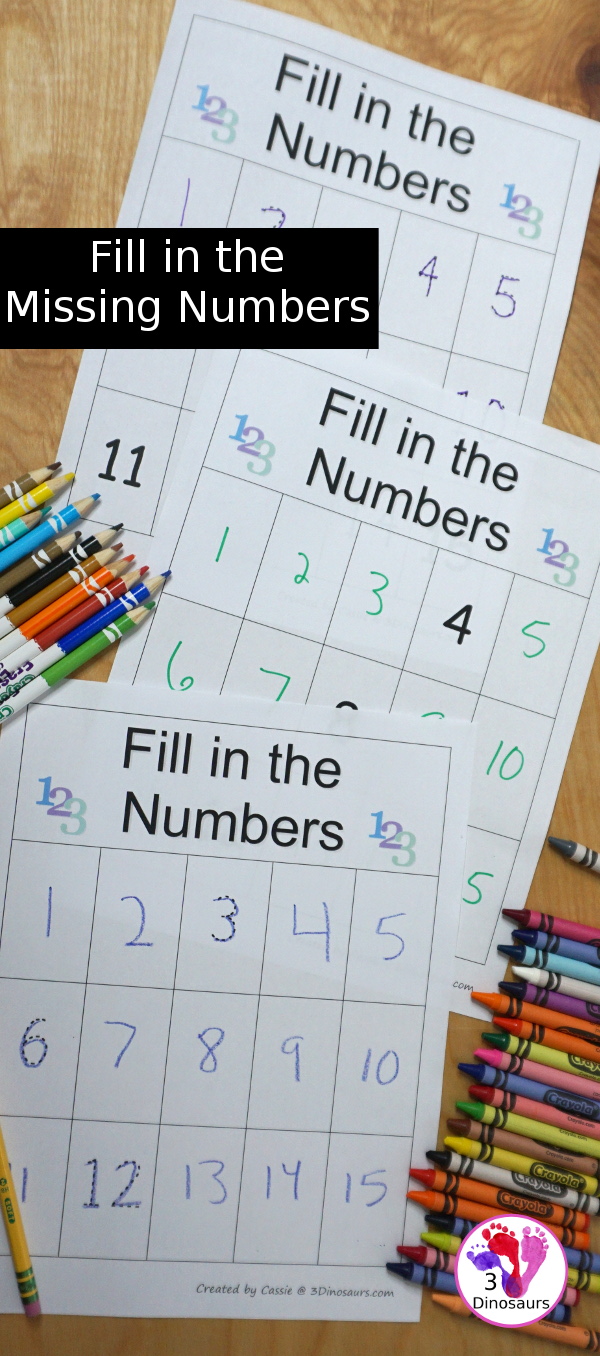 Free Fill in the Missing Number Charts 1 to 15 - with 9 different charts with a mix of tracing and write numbers from 1 to 15. - 3Dinosaurs.com