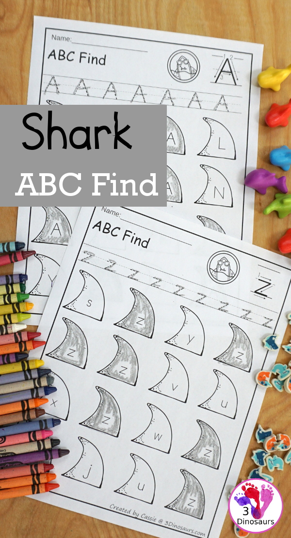 Easy No-Prep Shark ABC Letter Find with all 26 letters of the alphabet with uppercase and lowercase options for 52 pages of printables - 3Dinosaurs.com