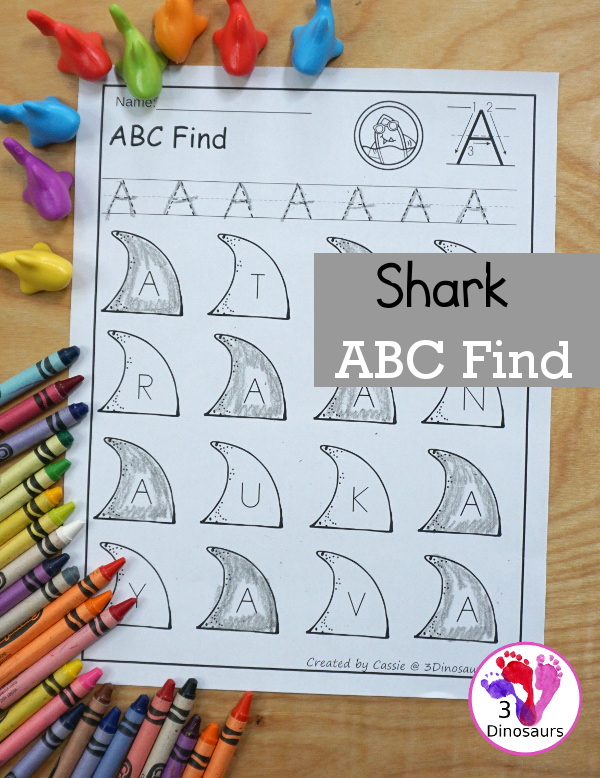 Easy No-Prep Shark ABC Letter Find with all 26 letters of the alphabet with uppercase and lowercase options for 52 pages of printables - 3Dinosaurs.com