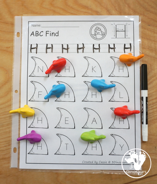 Easy No-Prep Shark ABC Letter Find with all 26 letters of the alphabet with uppercase and lowercase options for 52 pages of printables - 3Dinosaurs.com