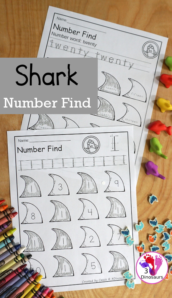 Easy No-Prep Shark Number Find with numbers 0 to 20 with number digit and number work options for different levels of learning. - 3Dinosaurs.com