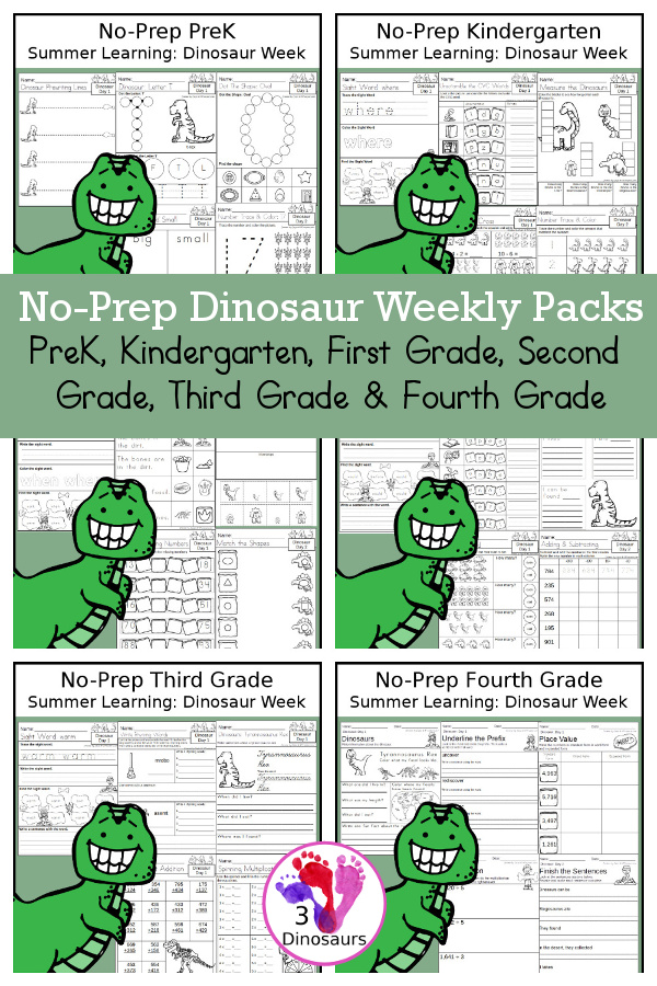 Dinosaur No-Prep Weekly Packs PreK, Kindergarten, First Grade, Second Grade, Third Grade & Fourth Grade with 5 days of activities to do for each grade level With loads of dinosaurs - You will find a mix of math, language, and more - These are easy to use packs for summer learning, homework, early finisher, and morning work. Easy no-prep printables for kids with four pages for each day - 3Dinosaurs.com