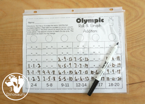 Free Olympic Roll and Graph Math for Addition & Multiplication - fun printables to work on math during the Olympics with rolling and filling out the graph - 3Dinosaurs.com