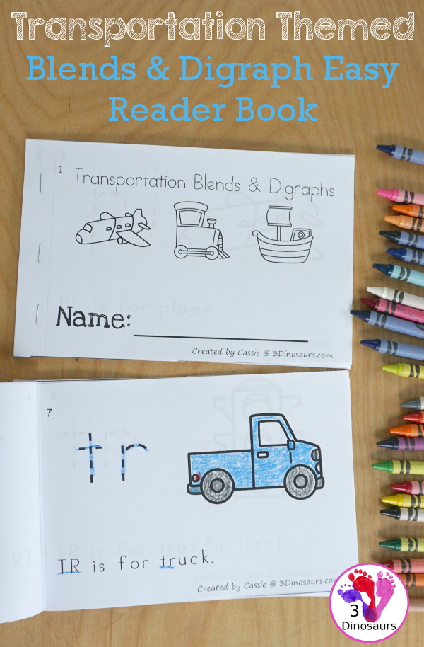 Free Transportation Blends & Digraphs Easy Reader Book - it has a 12 page book with 10 blends and 1 digraph for kids to learn - 3Dinosaurs.com