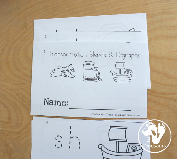 Free Transportation Blends & Digraphs Easy Reader Book - it has a 12 page book with 10 blends and 1 digraph for kids to learn - 3Dinosaurs.com