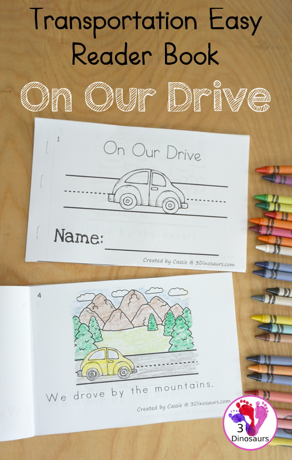 Transportation Easy Reader Book: On Our Drive - a fun 8 page book with different landscapes for kids to learn about - 3Dinosaurs.com