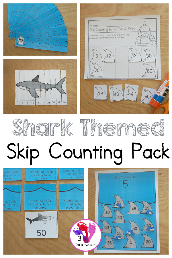 Shark Skip Counting Set - with no-prep shark worksheets, shark skip counting mats, shark skip counting 10 piece puzzles, and shark task cards to work on skip counting from 2 to 12 - 3Dinosaurs.com