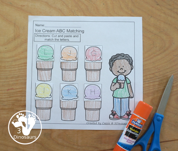 Free Ice Cream ABC Matching Printable with 5 pages of printables for matching uppercase and lowercase ABC printables - 3Dinosaurs.com