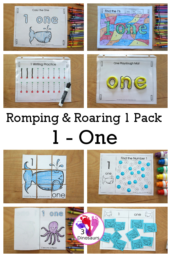 Free Romping and Roaring Number 1 Pack - with number 1 worksheets, number 1 puzzles, number 1 handwriting, number 1 dot marker worksheets and more for PreK and kindergarten age kids with a whale theme.  - 3Dinosaurs.com